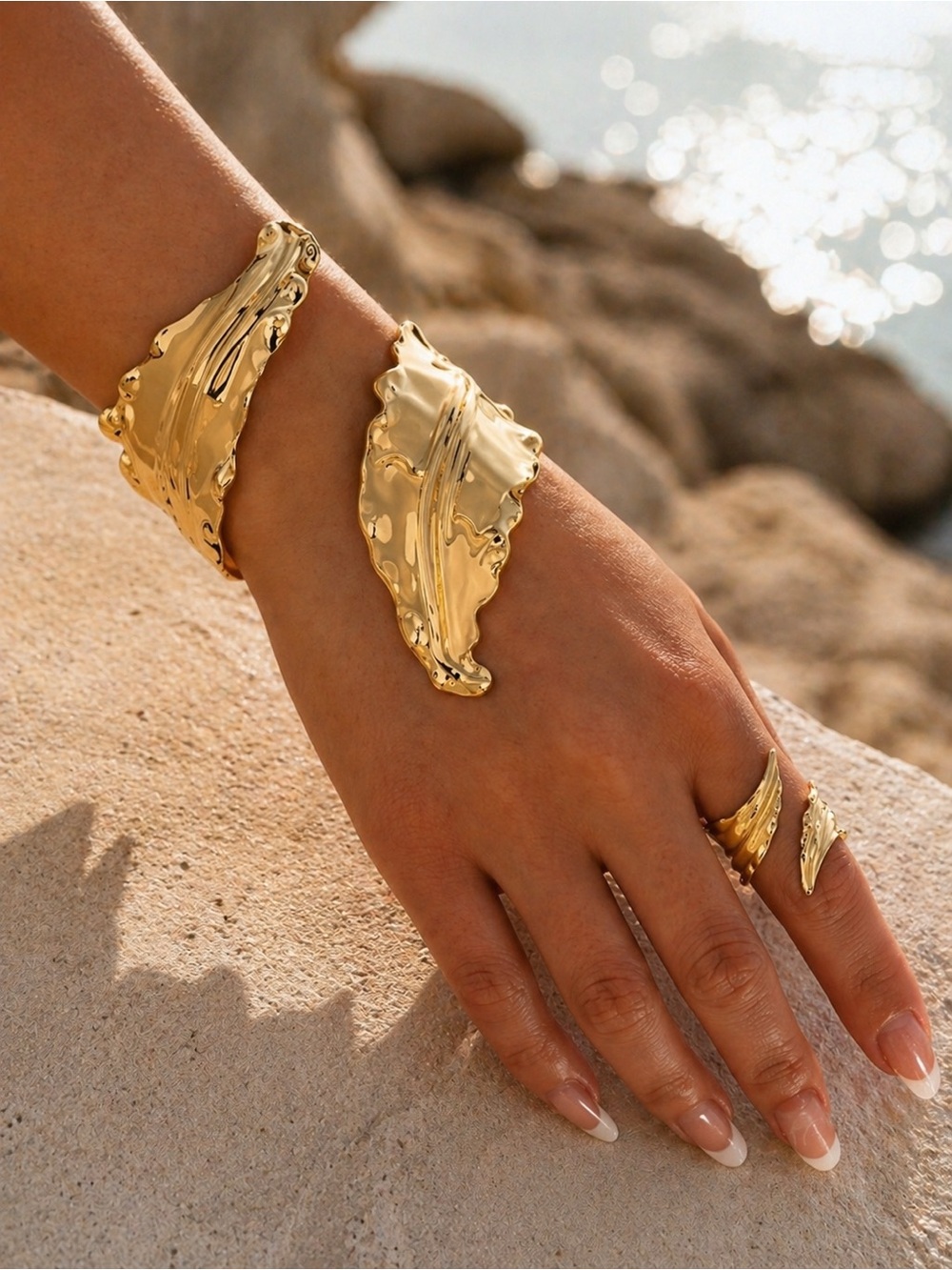 Gold Textured Open Cuff Bracelet for Women - Elegant Leaf-Inspired Design